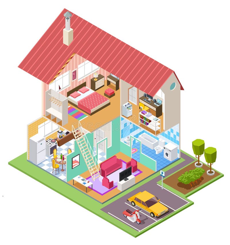 Cutaway house isometric. Housing construction cross section with kitchen bedroom bathroom interior. 3d vector house inside. Bathroom and kitchen isometric interior in home building illustration. Cutaway house isometric. Housing construction cross section with kitchen bedroom bathroom interior. 3d vector house inside. Bathroom and kitchen isometric interior in home building illustration