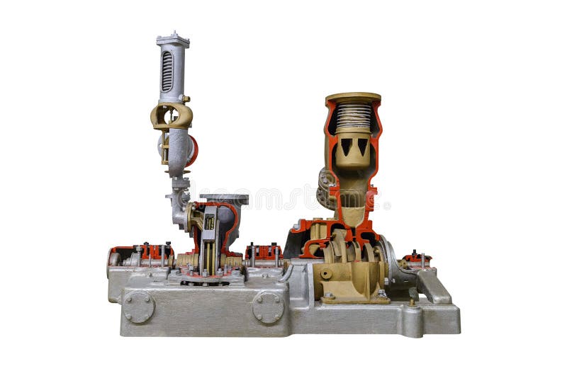 Layout of the ship`s engine in a cut isolated on white background. Generator cutaway stock images, royalty-free photos and pictures