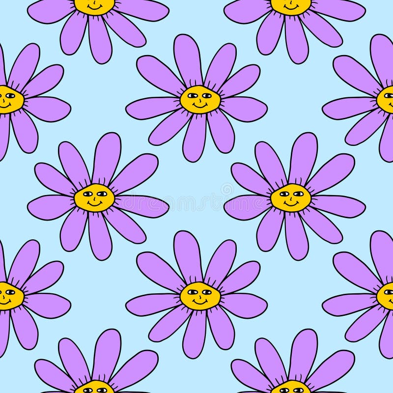 Groovy Smiley Flower. Hippie seamless pattern . Positive 70s retro smiling daisy flower print