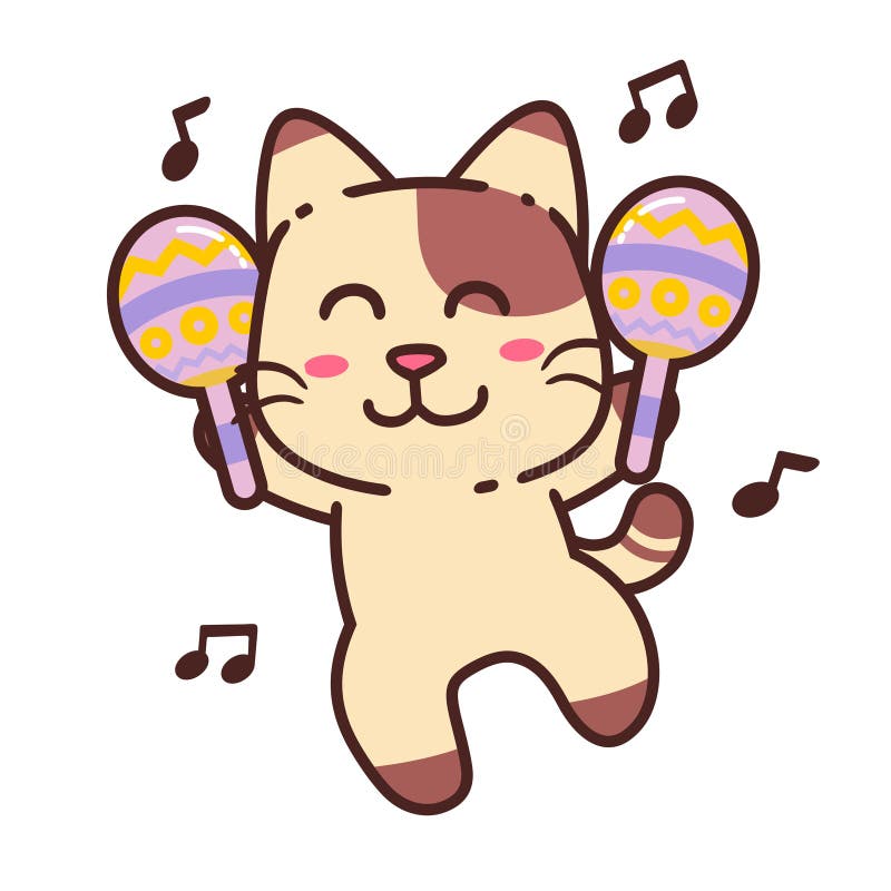 Cute Adorable Happy Brown Cat Dance With Maraca Music cartoon doodle vector illustration flat design