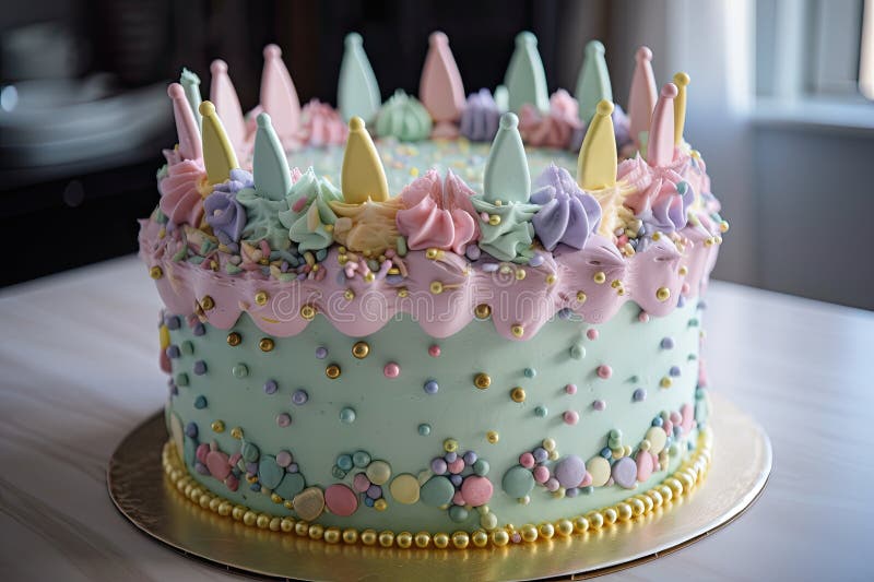 Cute and Adorable Pastel Cake with Piped Frosting, Sprinkles, and Crown