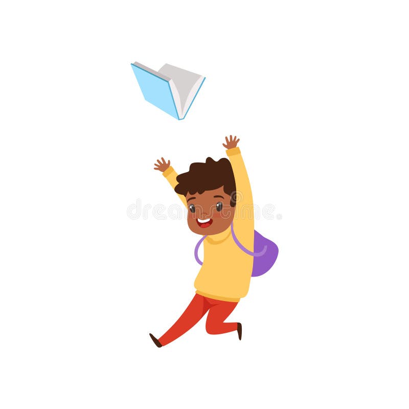 Cute african american boy jumping with book, elementary school student playing and learning vector Illustration on a royalty free illustration