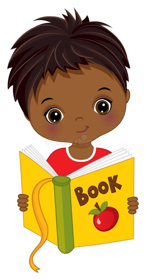 Cute African American Boy Reading Book. Vector Little Boy with Book ...