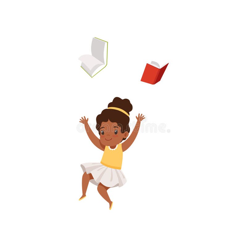 Cute african american girl having fun with book, elementary school student playing and learning vector Illustration on a royalty free illustration