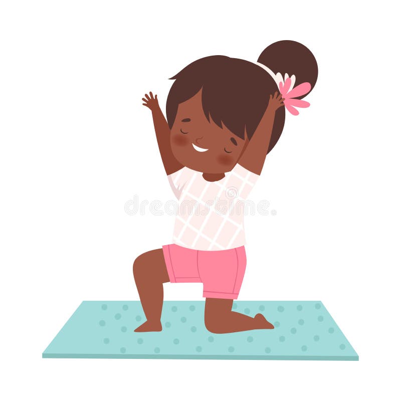 Cute African American Girl Practicing Yoga, Active Healthy Lifestyle Vector Illustration on White Background.