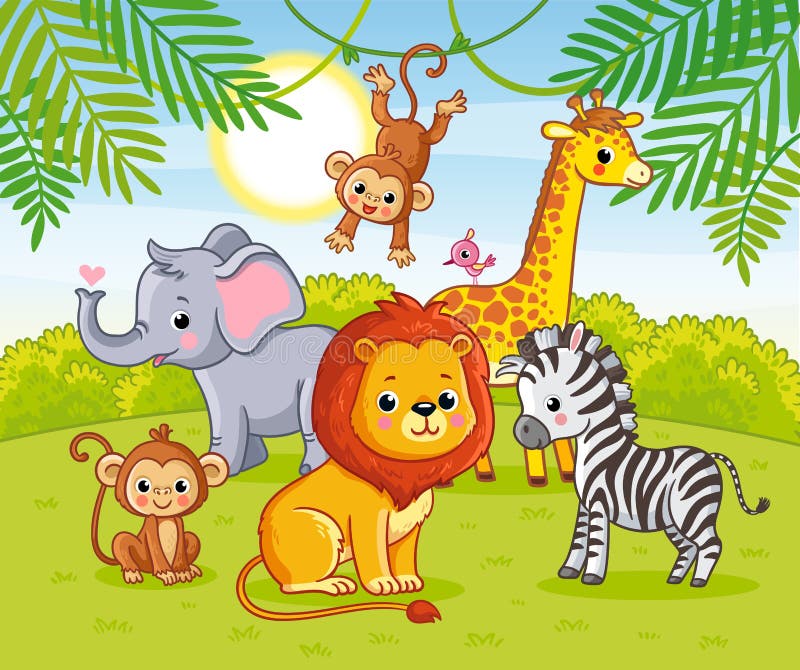 Cute African Animals in the Jungle. Animals in the Green Jungle Stock  Illustration - Illustration of savanna, rain: 151062446