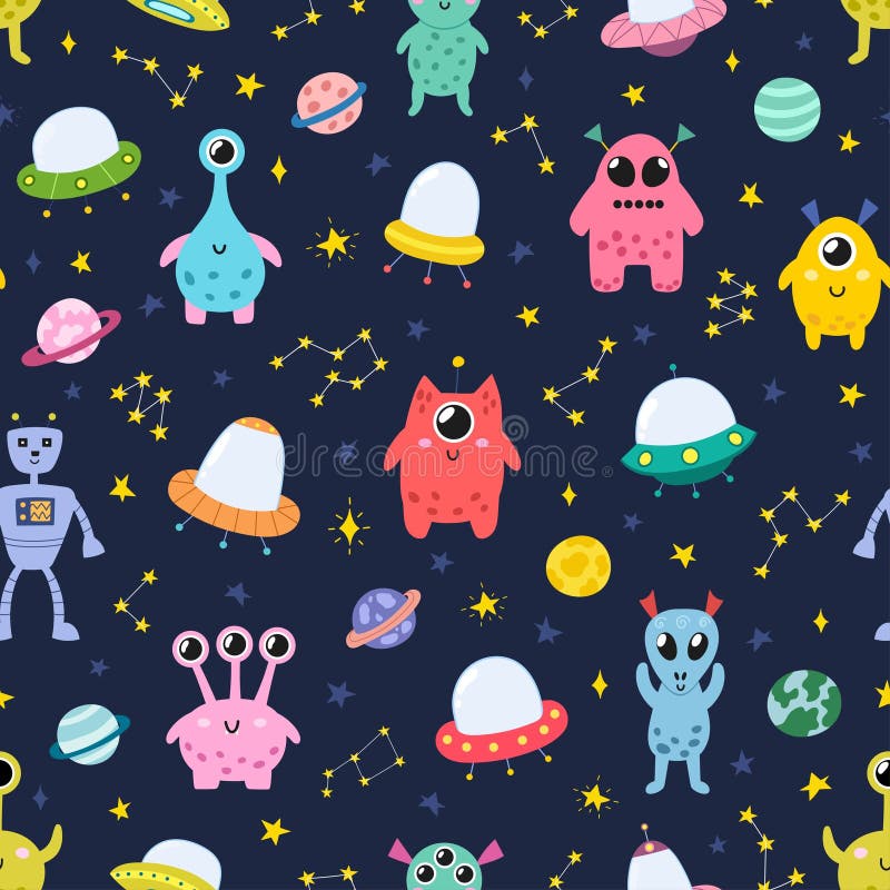 Cute Aliens in Space Seamless Pattern. Flying Saucers Background for ...