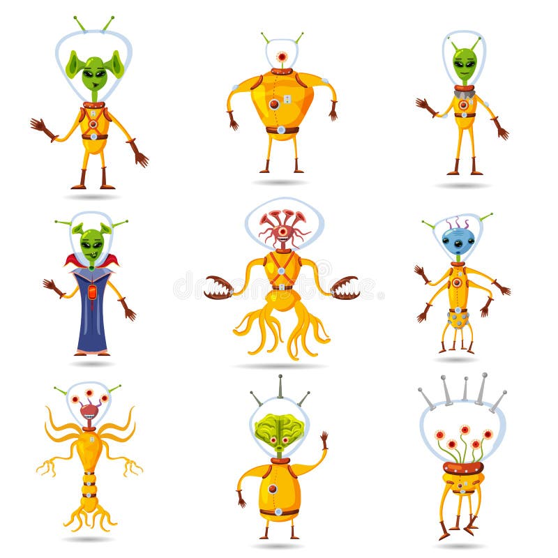 Cute Aliens in Space Suits, Spaceship Crew Cartoon Characters, Vector