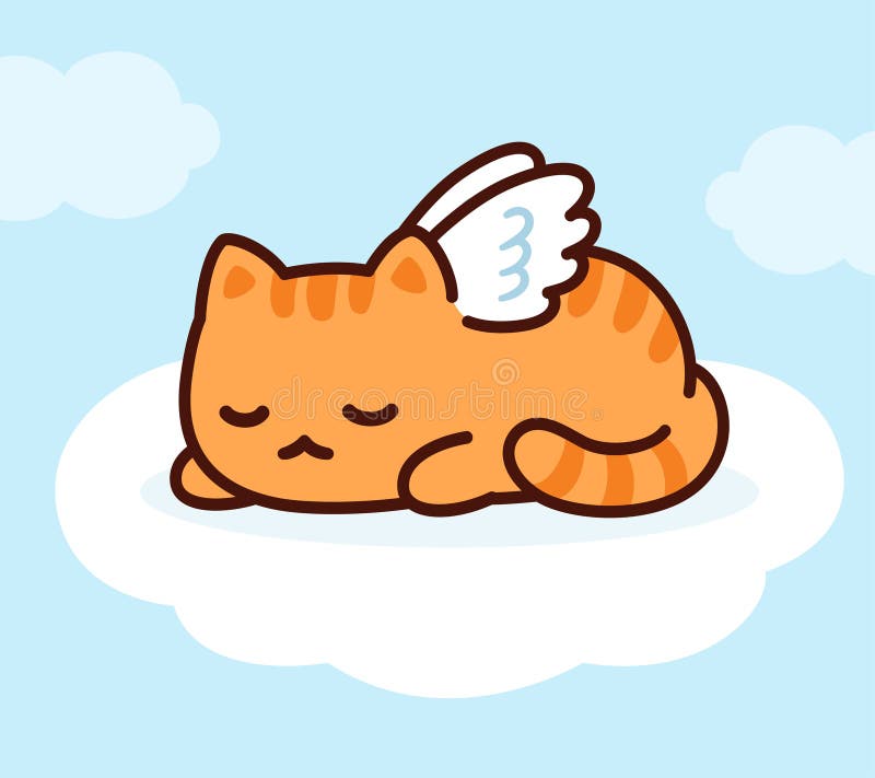 Cute angel cat with wings sleeping on cloud in heaven. Pet death loss greeting card. Ginger kitten drawing, vector illustration. Cute angel cat with wings sleeping on cloud in heaven. Pet death loss greeting card. Ginger kitten drawing, vector illustration