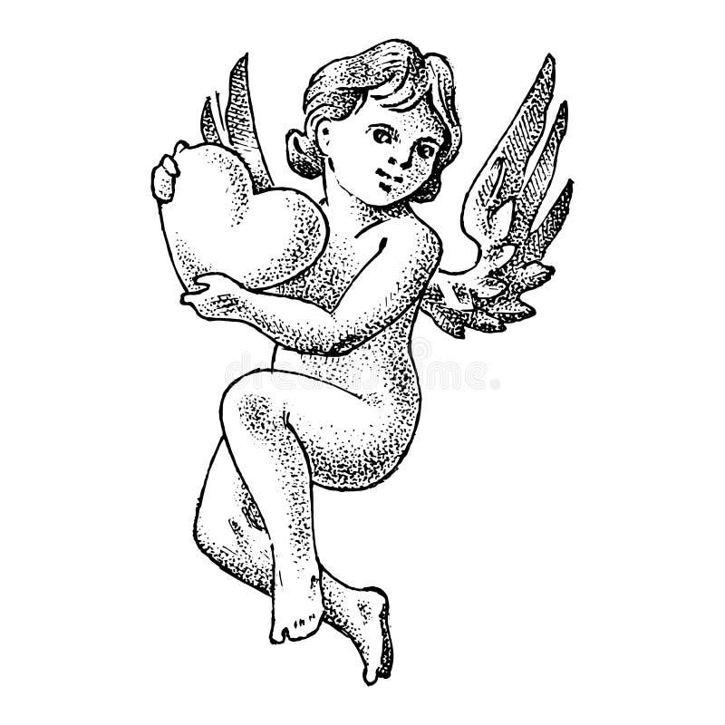 Cute angel with hearts. Small aesthetic Cupid with wings fly in the sky. Children in Monochrome engraved style. Template