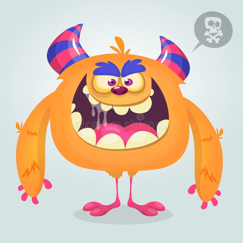 Cute angry cartoon monster. Vector furry orange monster character with tiny legs and big horns