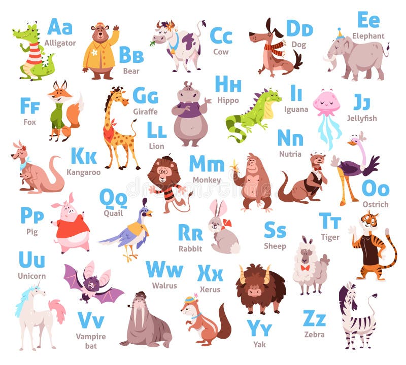 Cute Animal Alphabet. Color Kids Zoological Font, Letters and Corresponding  Animals Stock Vector - Illustration of inscription, school: 213970567