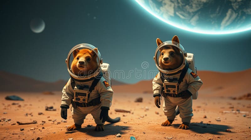 Two adorable animal astronauts explore a red planet under a bright, alien sky. A captivating space adventure stock illustration