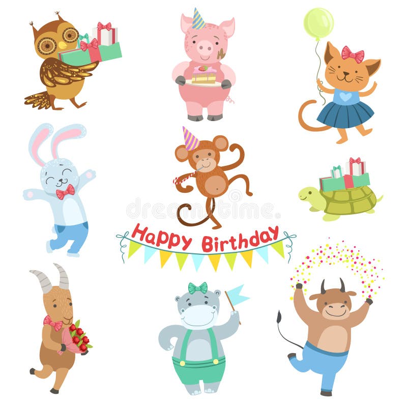 Cute Animal Characters Attending Birthday Party Celebration Set Stock  Vector - Illustration of goat, drawing: 76506806