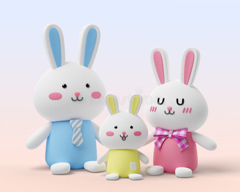 Cute animal 3d character rabbit family standing on gradient pastel color background 3d render vector illustration