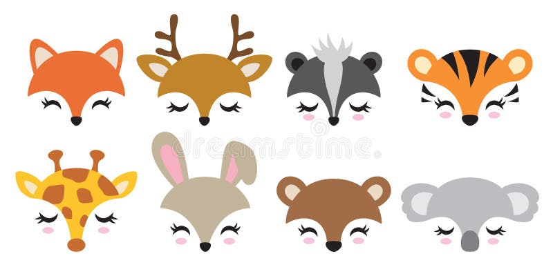 Cute Animal Faces Vector Illustration Set