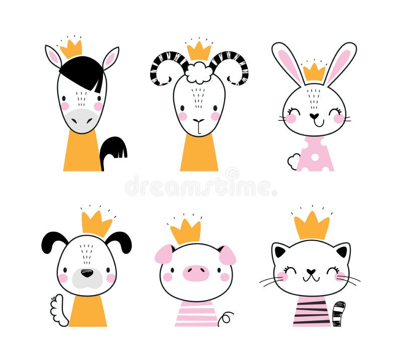 Cute Animal Head Wearing Gold Crown Vector Set stock illustration