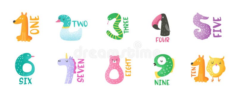 Cute animal numbers from 1 to 9 hand drawn illustration for stickers, nursery poster, baby invitation card, flyer