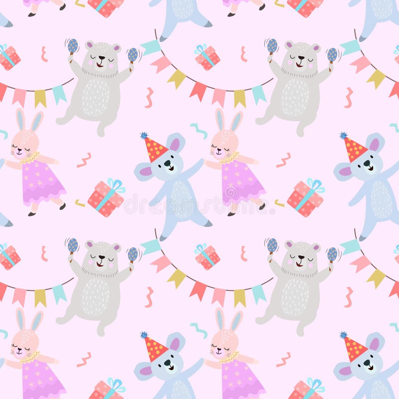 Cute Animal Party in Pastel Color Seamless Pattern. Stock Vector ...