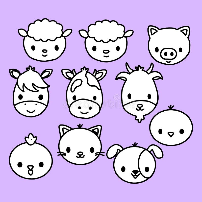 Premium Vector  Cute animal stickers, smiling adorable animals faces,  kawaii sheep and funny chicken cartoon set