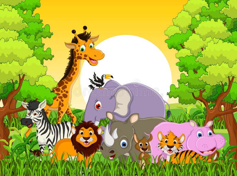 Cute animal wildlife cartoon with forest background
