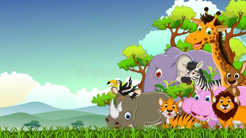 Cute animal wildlife cartoon with forest background