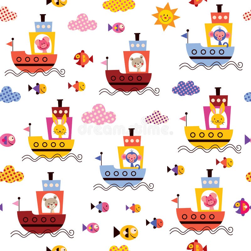 Cute animals in boats kids sea pattern