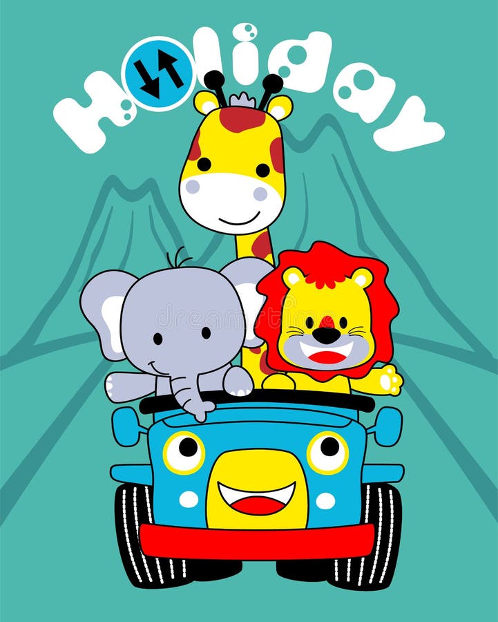 Cute Animals Cartoon on Smiling Car. Lion, Elephant and Giraffe Stock