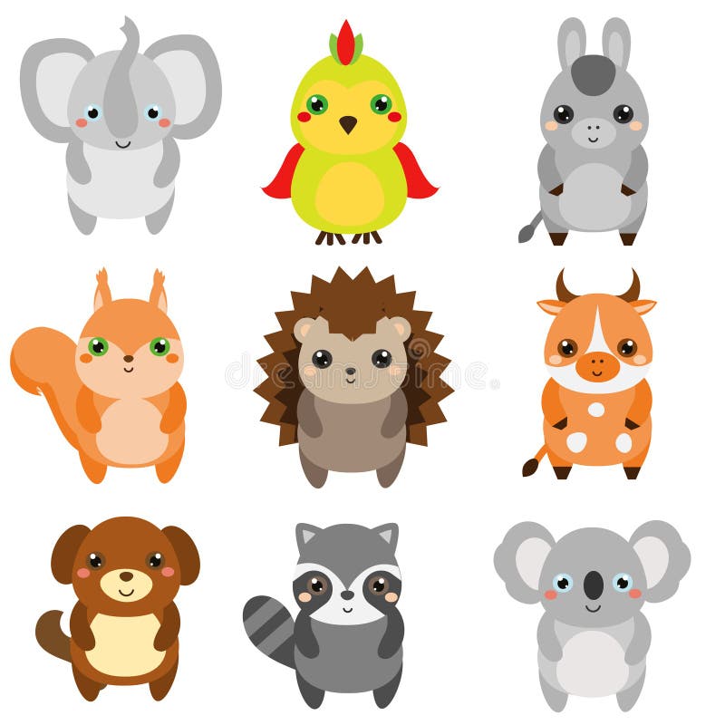 Cute animals. Children style, design elements, vector. Cartoon kawaii wildlife and farm animals