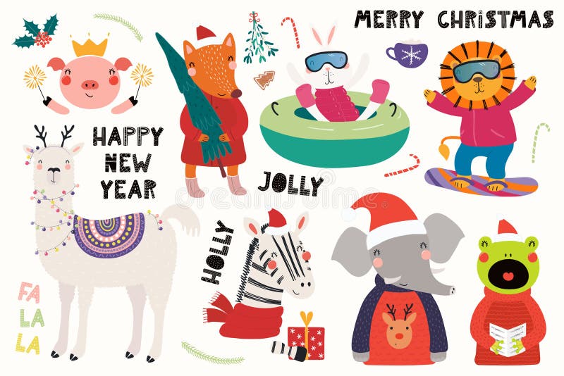 Big set with cute animals doing winter, Christmas activities, typography. Isolated objects on white background. Hand drawn vector illustration. Scandinavian style flat design. Concept for kids print. Singing llama vectors