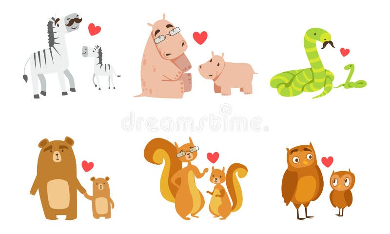 Cute Animals Couple Dad and Baby. Vector Illustration. Stock Vector -  Illustration of children, cartoon: 160420076