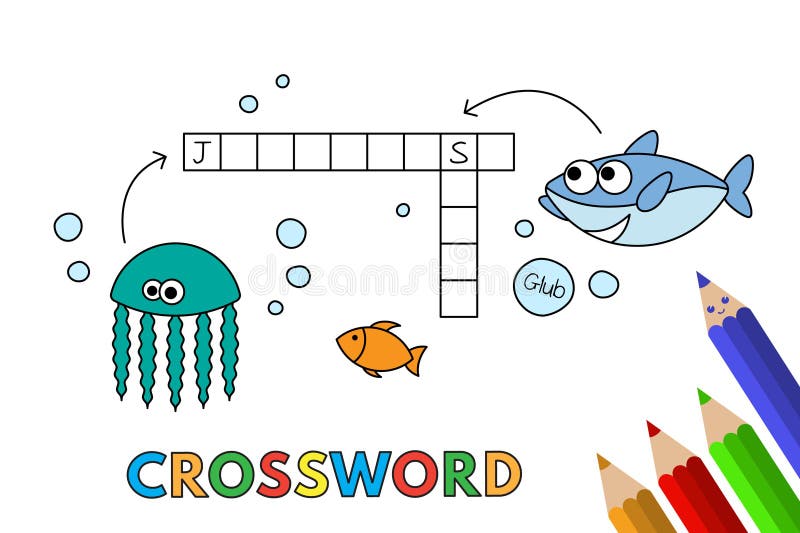 Cute Animals Crossword with Shark, Fish and Jellyfish Stock