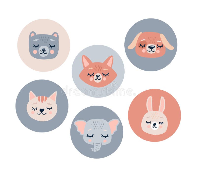 Cute Animals Heads Stickers. Cute Cartoon Funny Character. Pet Baby Print.  Scandinavian Style. Stock Vector - Illustration of round, group: 187863816