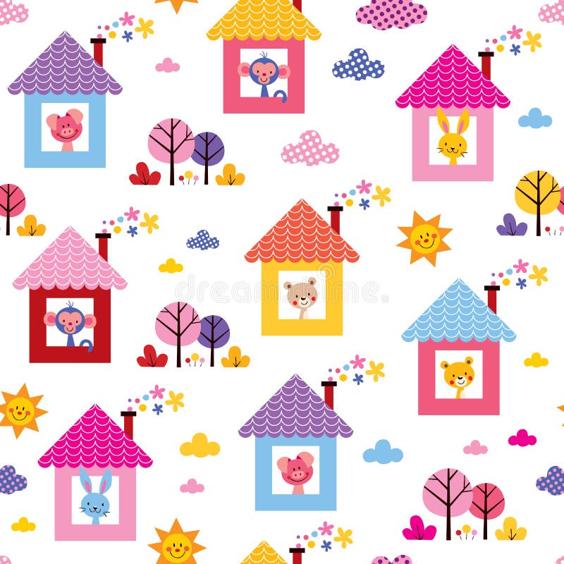 Cute animals in houses kids pattern royalty free illustration Cute animals in houses kids pattern royalty free illustration