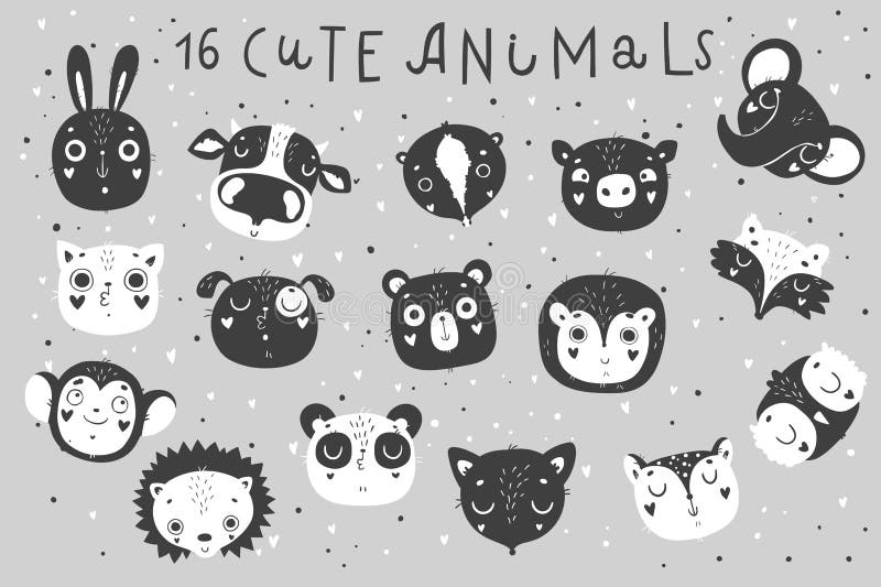 Cute animals isolated illustration for children in black and white colors. Vector image. Perfect for nursery posters, patterns, party invitation, cards, tags etc