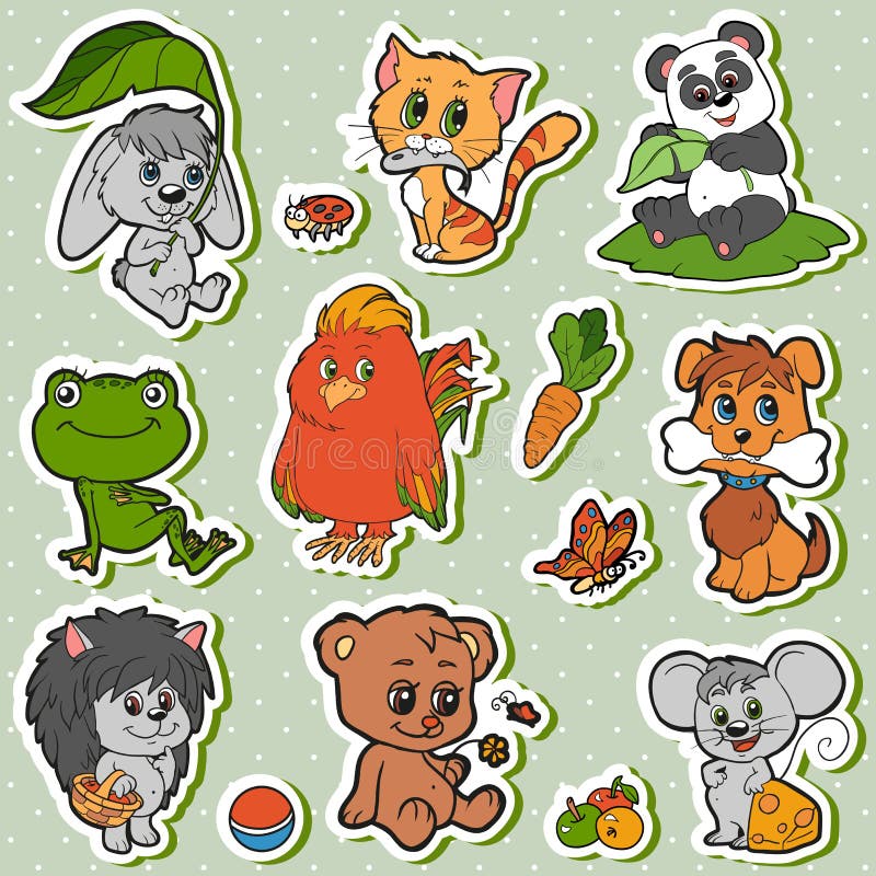 Cute animals set, vector kids stickers with baby animals