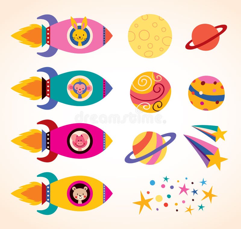 Cute animals in spaceships kids design elements set stock illustration Cute animals in spaceships kids design elements set stock illustration