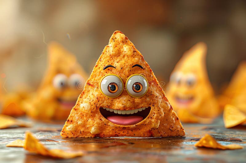 Cute Animated Tortilla Chip Character with a Big Smile on a Table