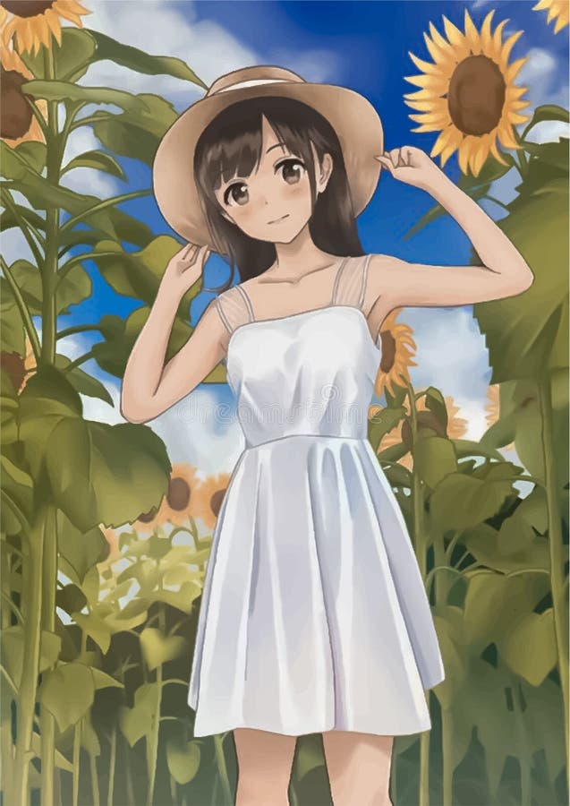 Cute Anime Girl in a Hat on a Background of Sunflowers and Sky ...