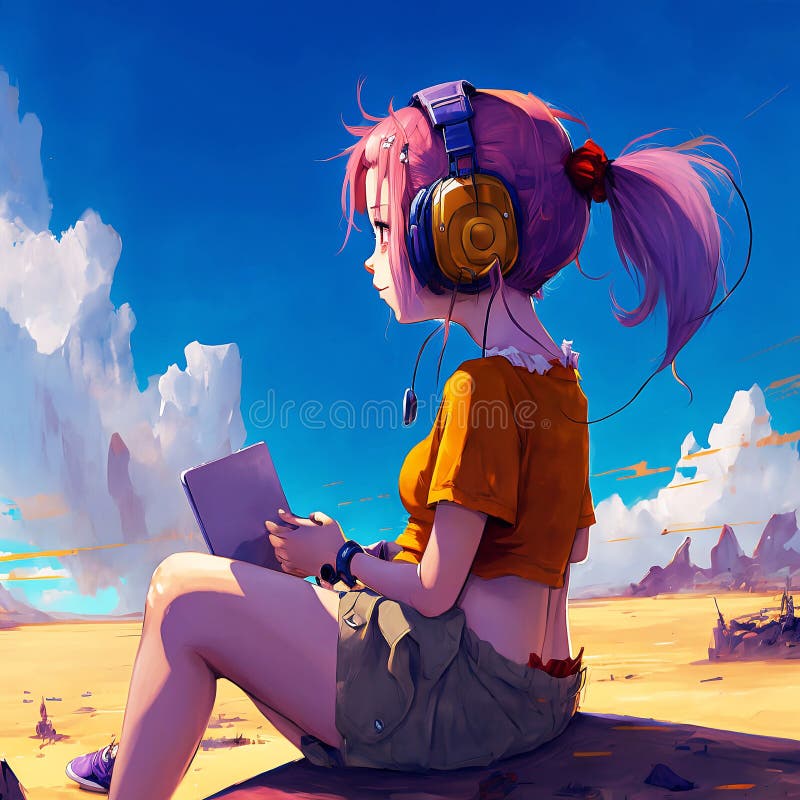 A young anime girl with blond hair and headphones listening to relaxing  lofi hiphop music generative ai Stock Illustration  Adobe Stock