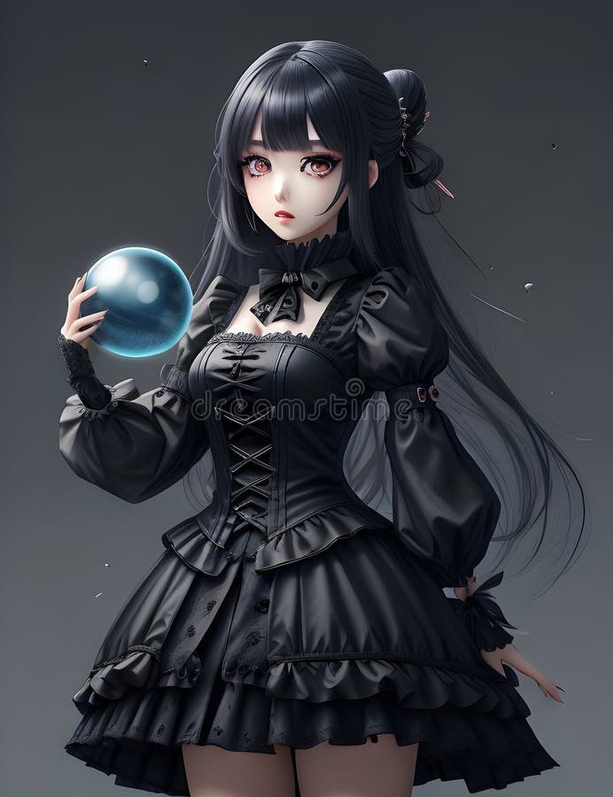 A Cute Anime Gothic Girl with a Magic Ball in Hand, Cute Pose