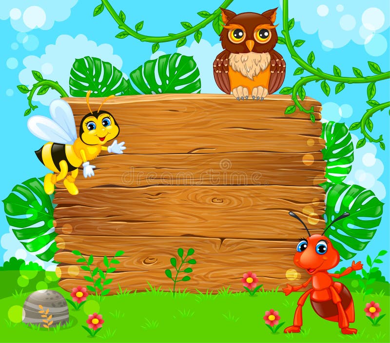 Cute ant bee and owl near empty wooden banner