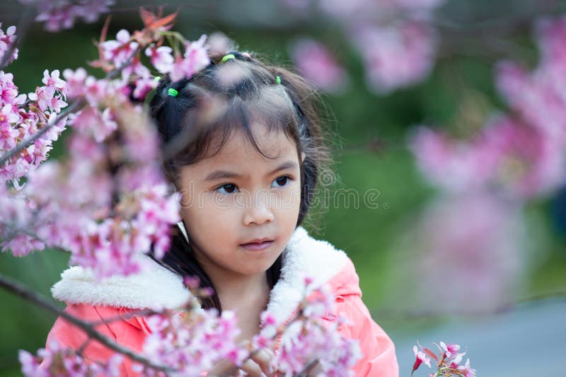 Cute asian child girl enjoying with beautiful pink cherry blossom garden