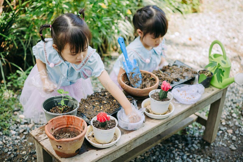 Cute asian child girl helping mother planting or cutivate the plants. Mom and daughter engaging in gardening at home.