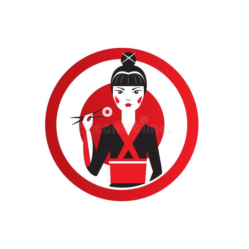 Cute Asian Girl Character on black kimono holding sushi with chopstiks. Round logo of sushi bar vector illustration Cute Asian Girl Character on black kimono holding sushi with chopstiks. Round logo of sushi bar vector illustration