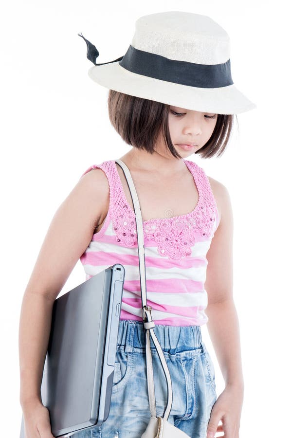 Cute asian girl holding laptop stock photography Cute asian girl holding laptop stock photography