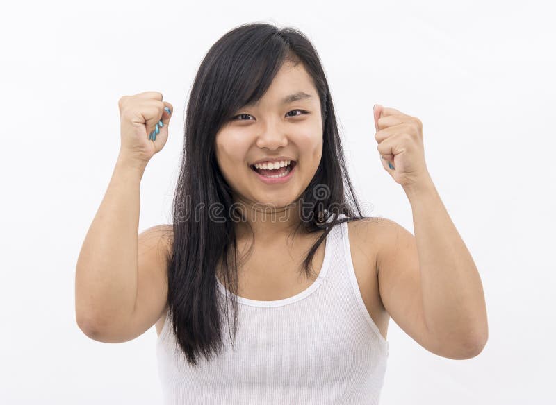 Cute asian girl happy cheering on isolated background