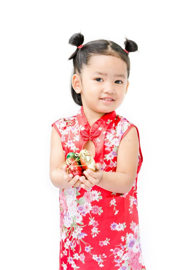 Cute Asian Girl in Red Chinese Dress Isolated on the White Background ...