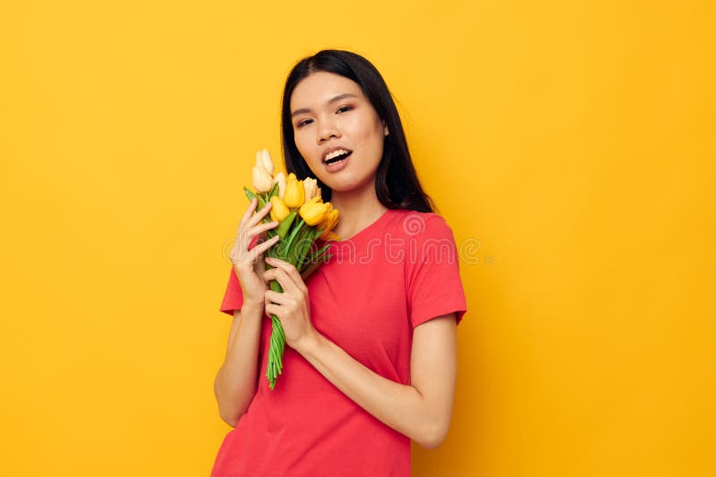 Cute Asian Girl in Red T-shirt with a Bouquet of Flowers Stock Image ...