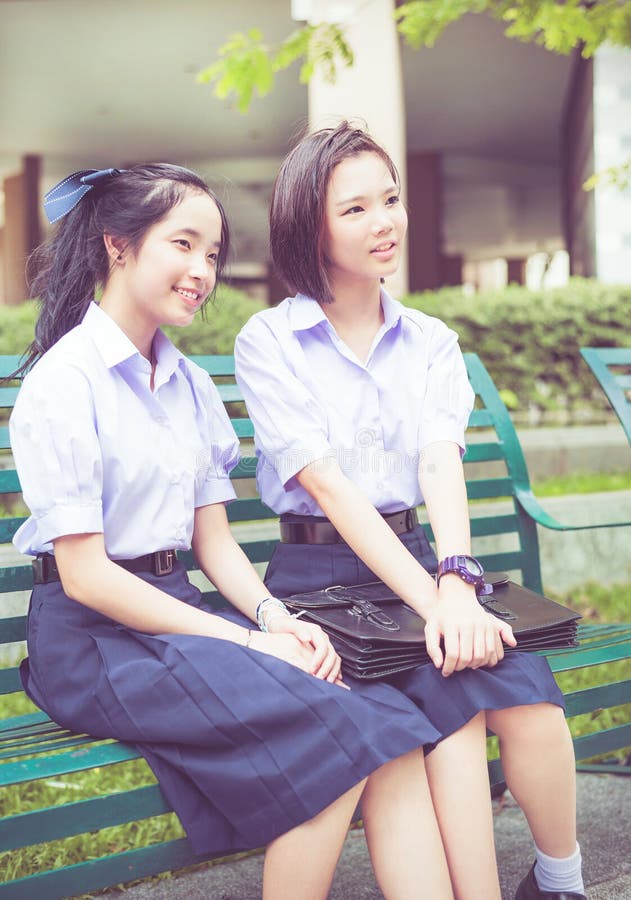 Cute Asian Thai High Schoolgirls Student Couple School Uniform Stock ...